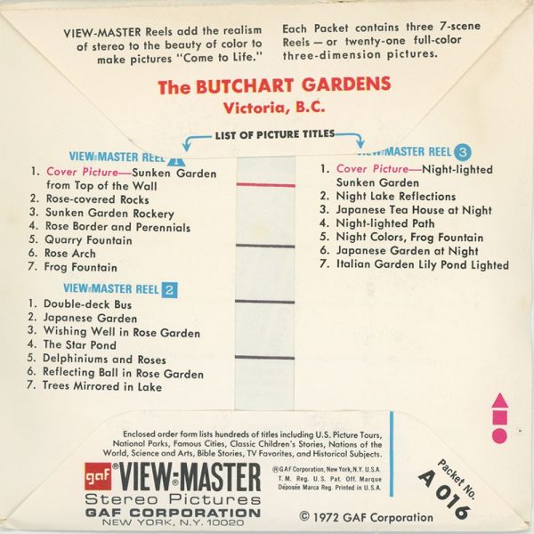 Butchart Gardens - View-Master 3 Reel Packet - 1970 s view - vintage - (PKT-A016-G3B) on Sale